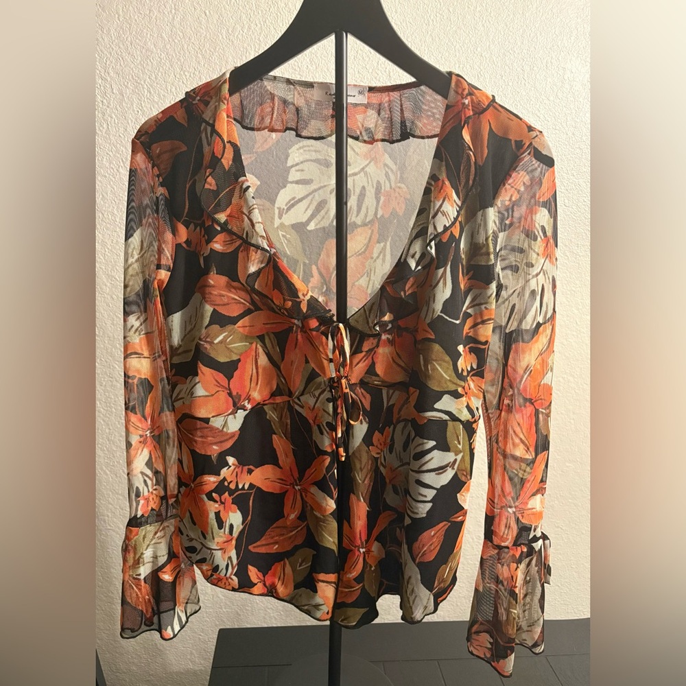Autumn Leaf Sheer Blouse with Tie Front